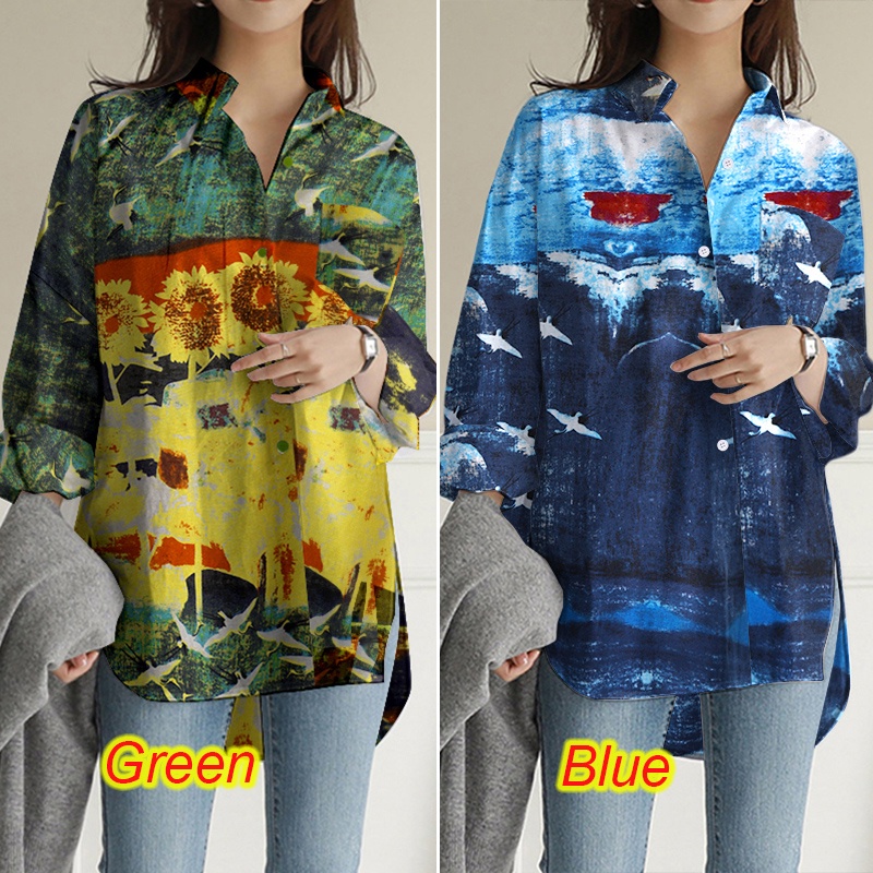 Áo sơ mi ZANZEA dài tay cổ lật họa tiết phong cảnh thời trang dành cho nữ