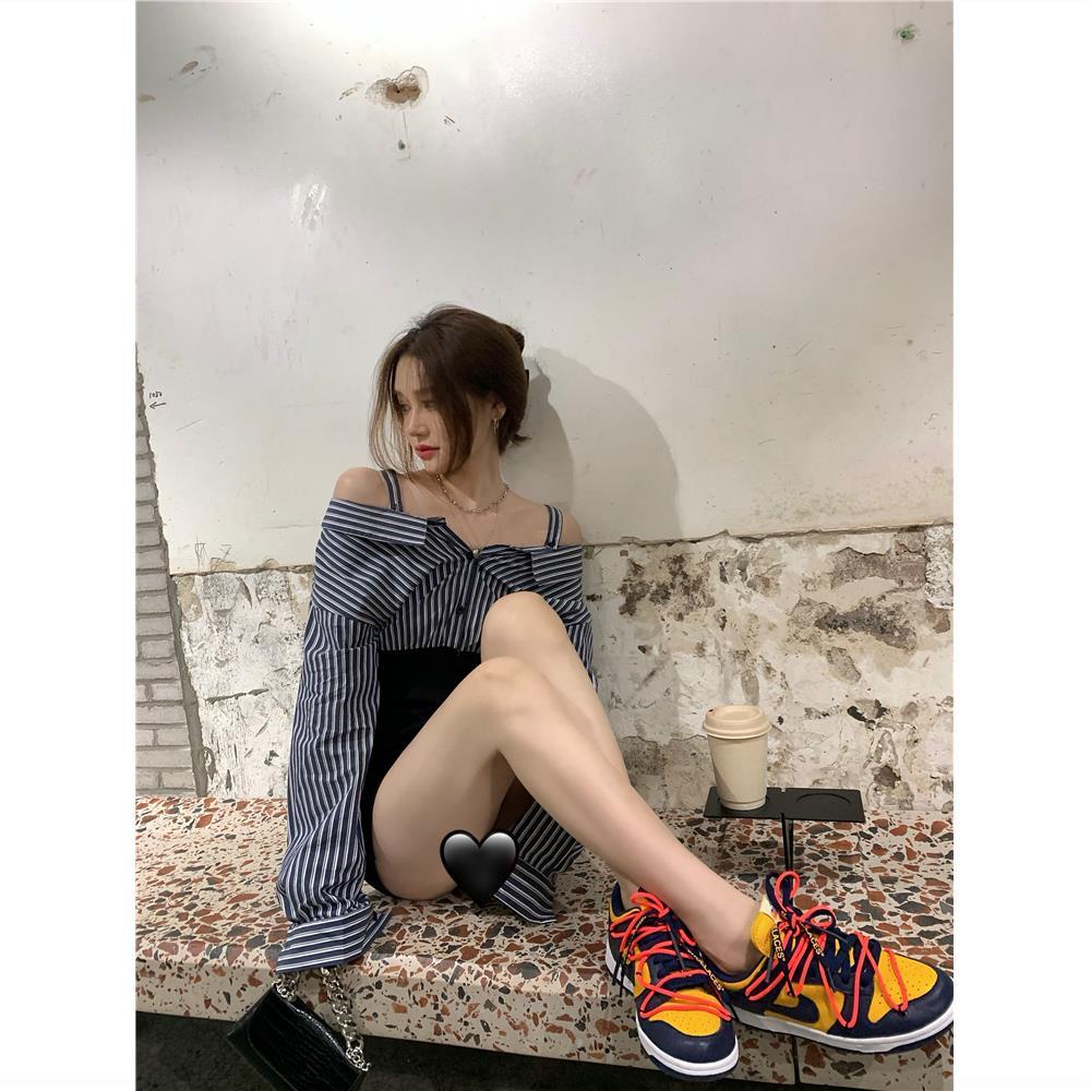 Set Áo Sơ Mi Tay Dài Kẻ Sọc Trễ Vai Phối Chân Váy Thời Trang Cho Nữ