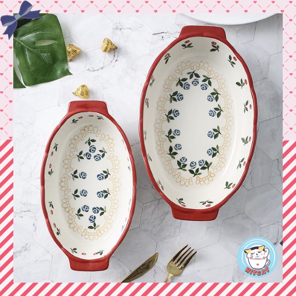 Thố sứ Cherry oval, khay nướng, khay đựng salad sứ tay cầm dùng đc lò nướng decor vẽ tay thủ công cao cấp KITCAT STORE