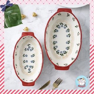 Thố sứ Cherry oval, khay nướng, khay đựng salad sứ tay cầm dùng đc lò nướng decor vẽ tay thủ công cao cấp KITCAT STORE