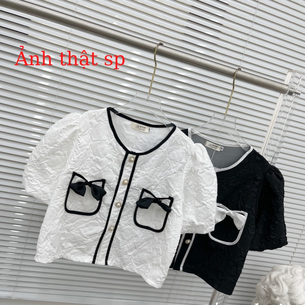 Áo Croptop - Áo Tay Phồng Ngắn Cổ Tròn Nơ Ngực Xinh Sắn Hk_shop9720