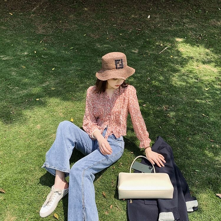 Áo sơ mi voan hoa tay dài thời trang xuân hè Hàn Quốc mới 2021