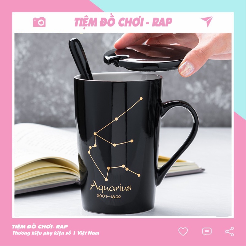Ly cốc sứ in hình 12 cung hoàng đạo có nắp, tặng kèm thìa dung tích 450 ml dùng để uống nước pha cà phê pha trà - Ráp