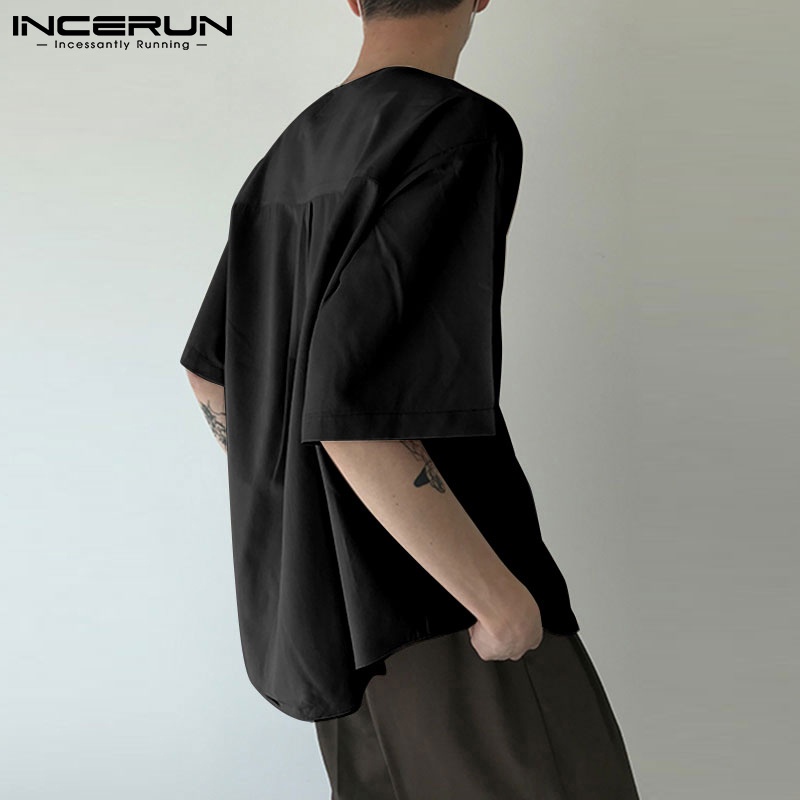 Áo thun INCERUN tay ngắn cổ chữ V màu trơn size S-5XL thời trang cho nam