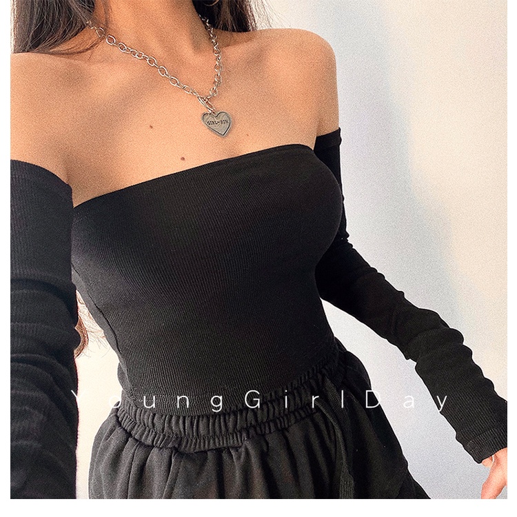 DUNEA Áo lửng trễ vai phối ống tay dài quyến rũ thời trang dành cho nữ