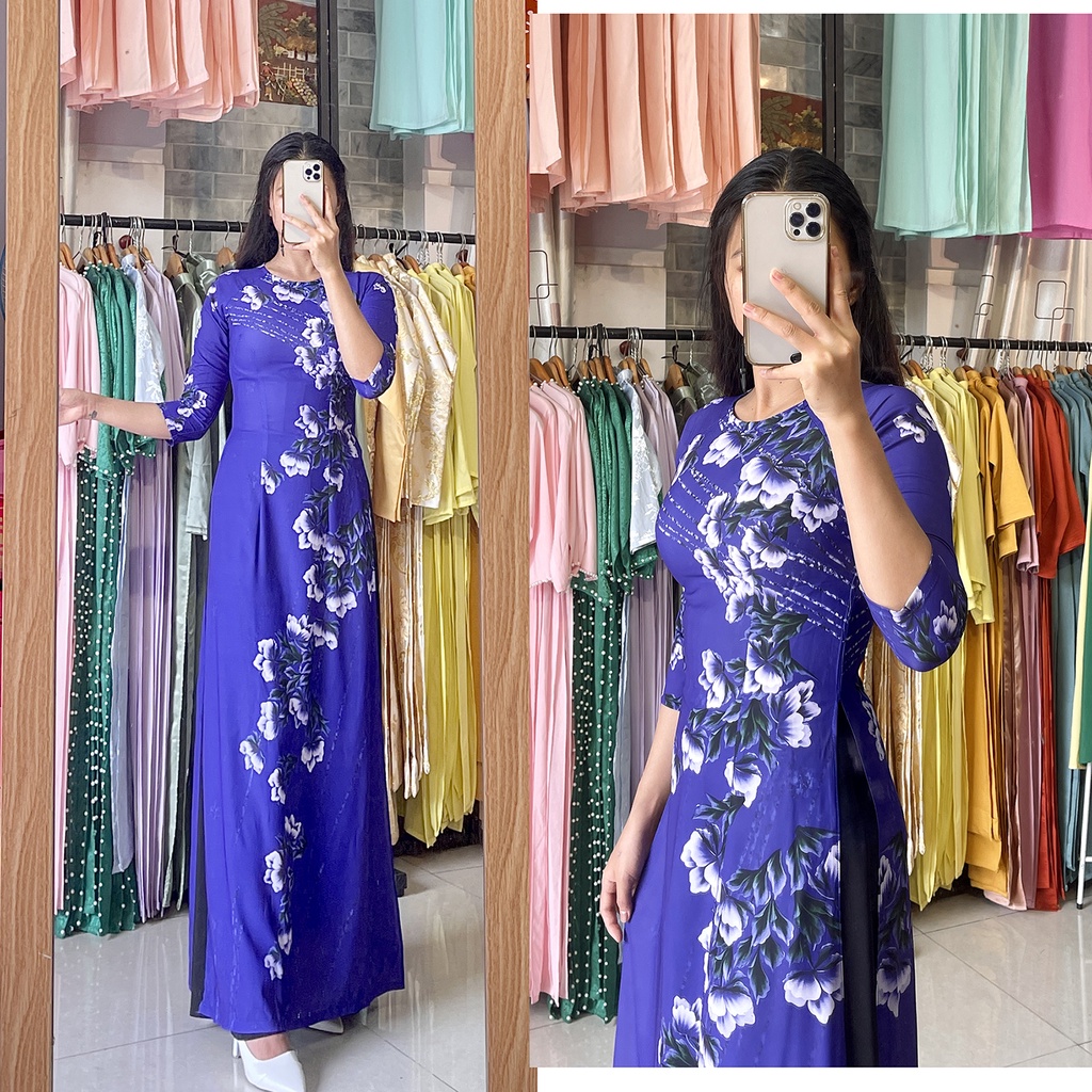 Áo dài hoa mai vàng tươi - Áo xanh tím hoa cực sang