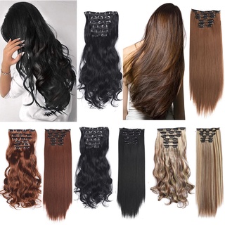  Bộ 6 Kẹp Tóc Giả Thẳng Xoăn Dài 20 Inch 16 Kẹp Bằng Sợi Tổng Hợp Chịu Nhiệt Tự Nhiên Màu Đen Nâu 