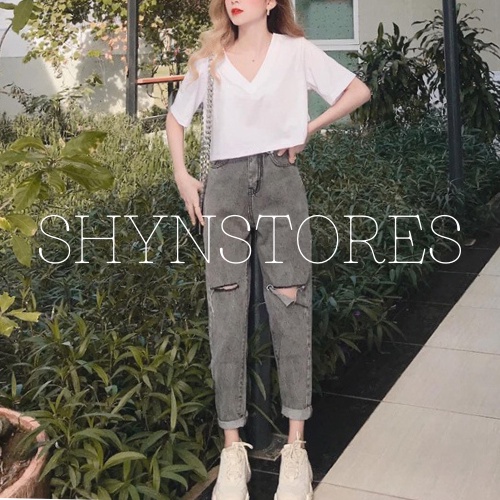Quần jeans nữ Shyntores - quần baggy jeans Unisex rách đùi lưng cao vải đẹp freeship