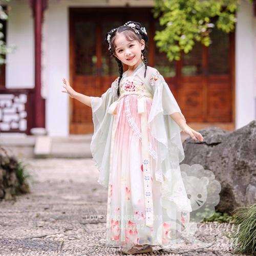Hán phục màu trắng hồng cho bé gái+tặng kẹp tóc