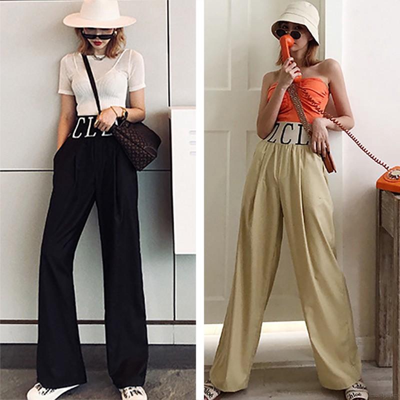 Quần ống rộng lưng thun cao màu trơn chất liệu co giãn thoải mái | BigBuy360 - bigbuy360.vn