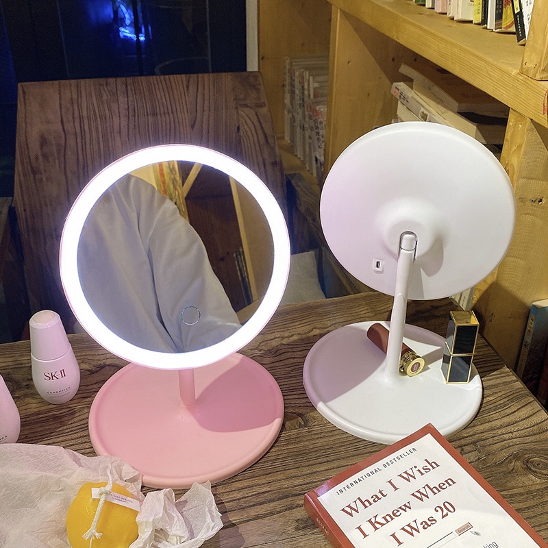 Gương Để Bàn Trang Điểm Led hình tròn bầu dục 3 chế độ ánh sáng - Gấu Thỏ House