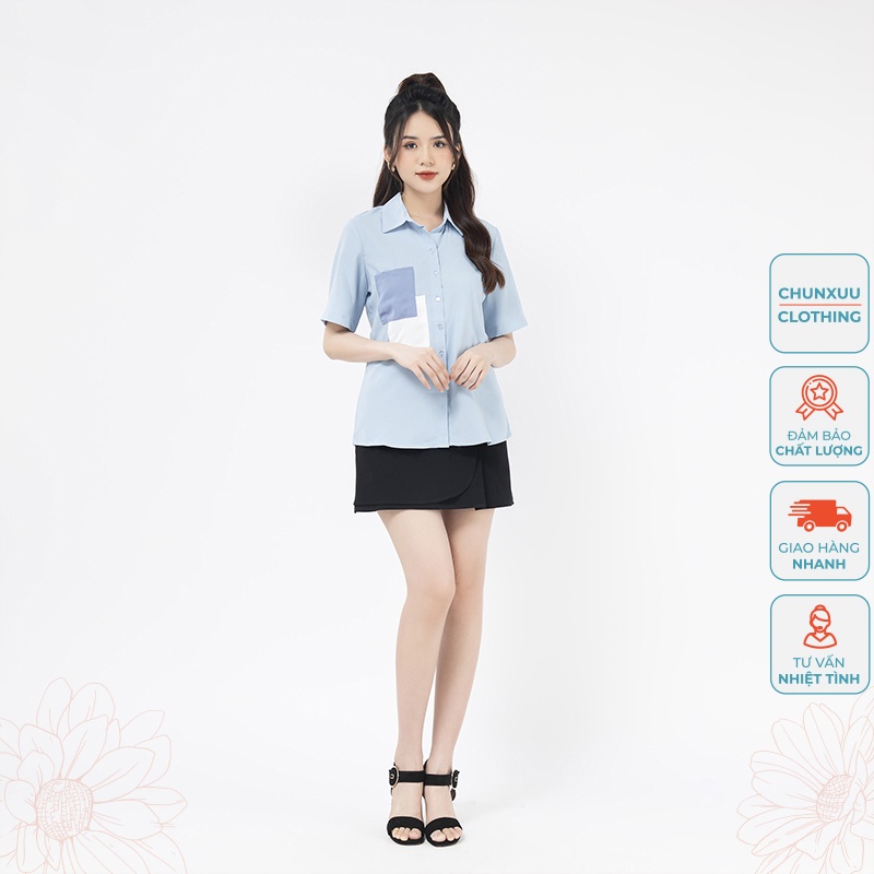 Áo sơ mi nữ tay ngắn Chunxuu chất vải Tơ ý mềm mại thiết kế túi kiểu cách thời trang - SK05