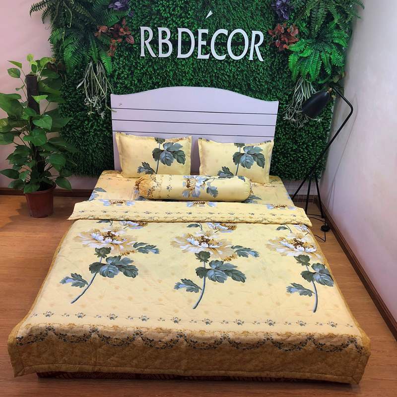 Sét Chăn Ga Gối 5 Món Cotton Poly Emmidecor Mẫu Cúc Vàng