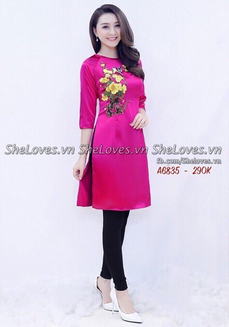 Áo Dài Cách Tân Thêu Hoa Tặng Kèm Quần Bó