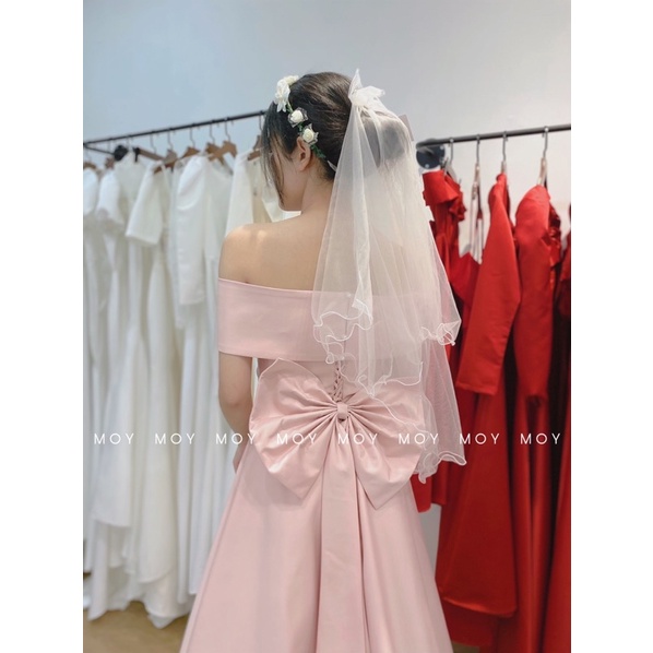 Váy cúp phi xòe xẻ bệt vai nơ đan lưng - Váy cưới thiết kế đơn giản-H316