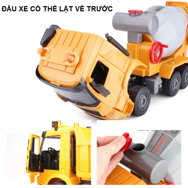 Xe trộn bê tông đồ chơi trẻ em Xe mô hình công trình cỡ lớn bằng nhựa cao cấp xoay đổ được vật liệu