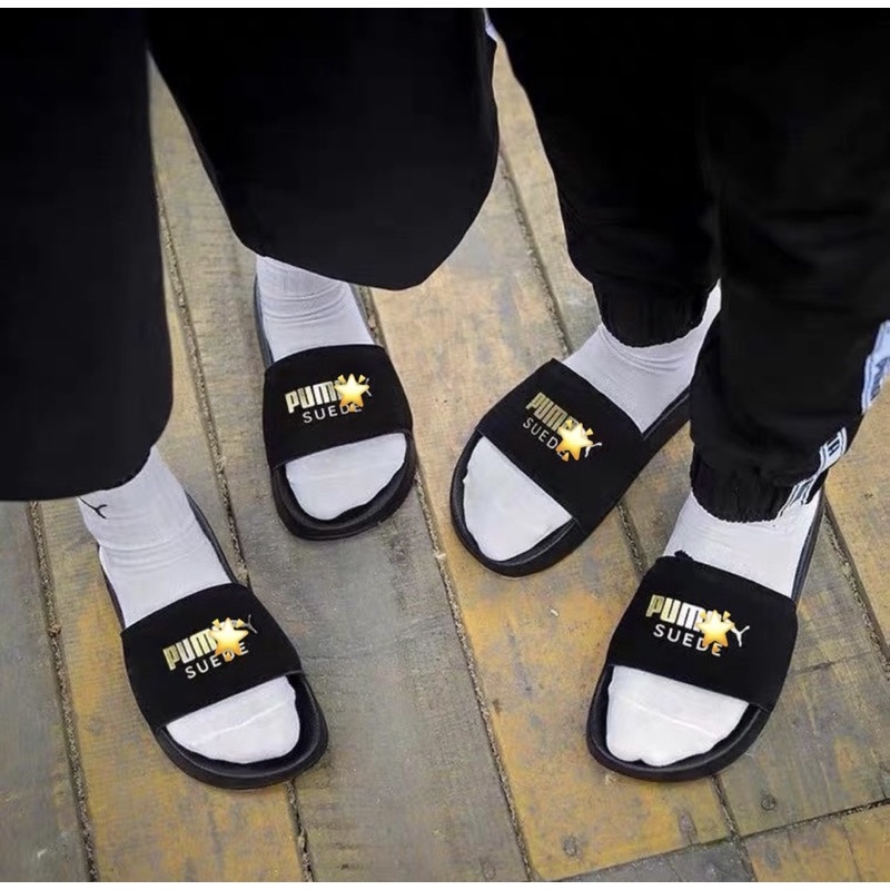 Dép Suede Quai Ngang Lót Bông Đế Đúc Cao Su Màu Đen Xám Hồng