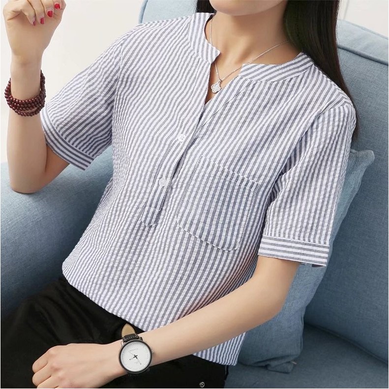 {Freeship} Áo sơ mi nữ cổ tàu thiết kế kẻ sọc nhỏ có túi S51