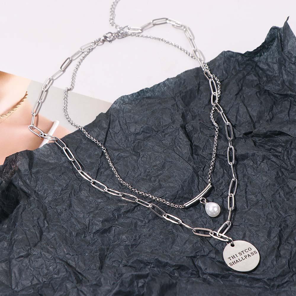 AROMA Vòng Cổ Choker Hai Lớp Mặt Đồng Xu Khắc Chữ Phong Cách Hàn Quốc