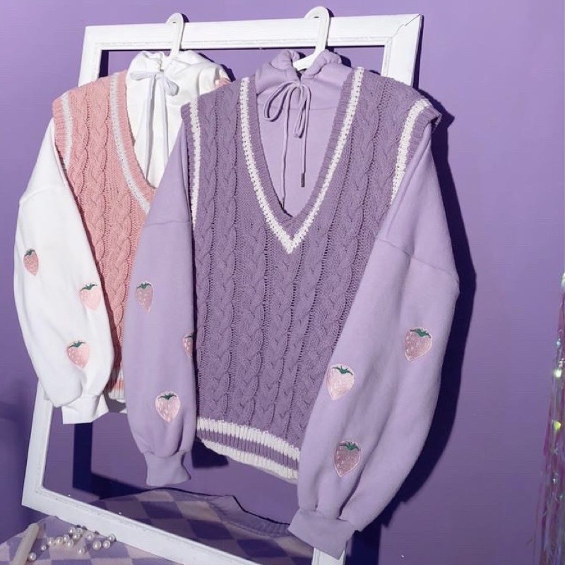 Set Bộ Áo Gile Len Tím + Áo Hoddie Tím Họa Tiết Dâu Tây [TÁCH SET]