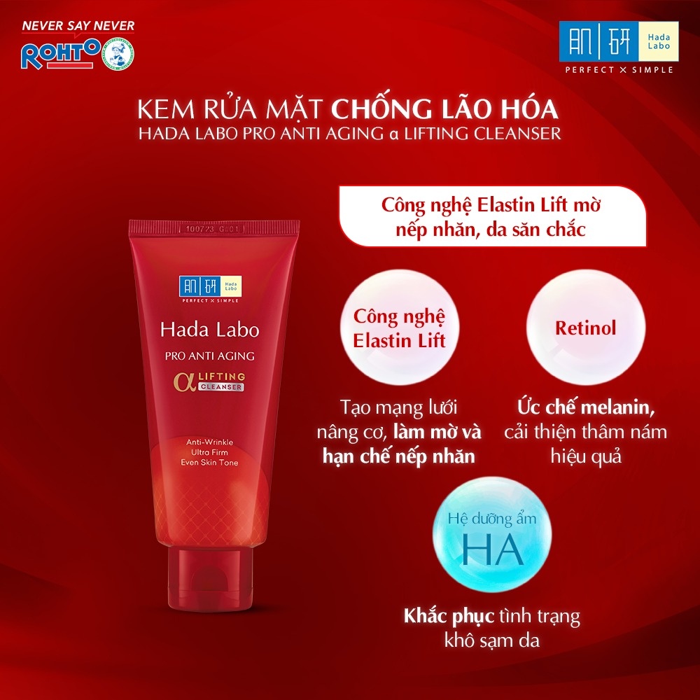 Sữa Rửa Mặt Dưỡng Chuyên Biệt Chống Lão Hóa HADA LABO Pro Anti Aging Cleanser Đỏ 80g