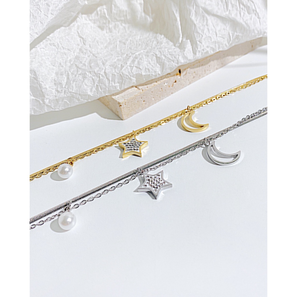 Vòng Tay Hai Lớp Bằng Thép Titan Đính Hạt Ngọc Trai Cao Cấp Sang Trọng