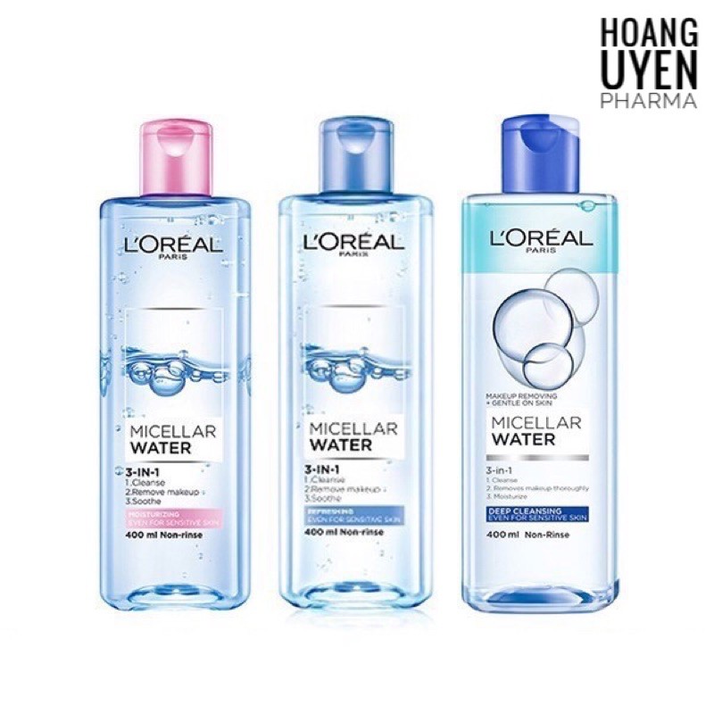 Nước tẩy trang Loreal Paris 3 in 1 micellar water (Tẩy trang Loreal 400ml - Xanh đậm - 400ml