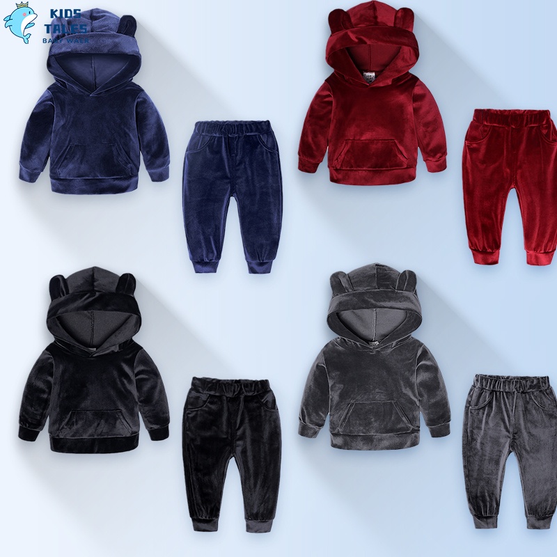 Set đồ thể thao 2 món áo hoodie tai gấu bằng nhung + quần dài dành cho bé trai và bé gái (12M-8T)