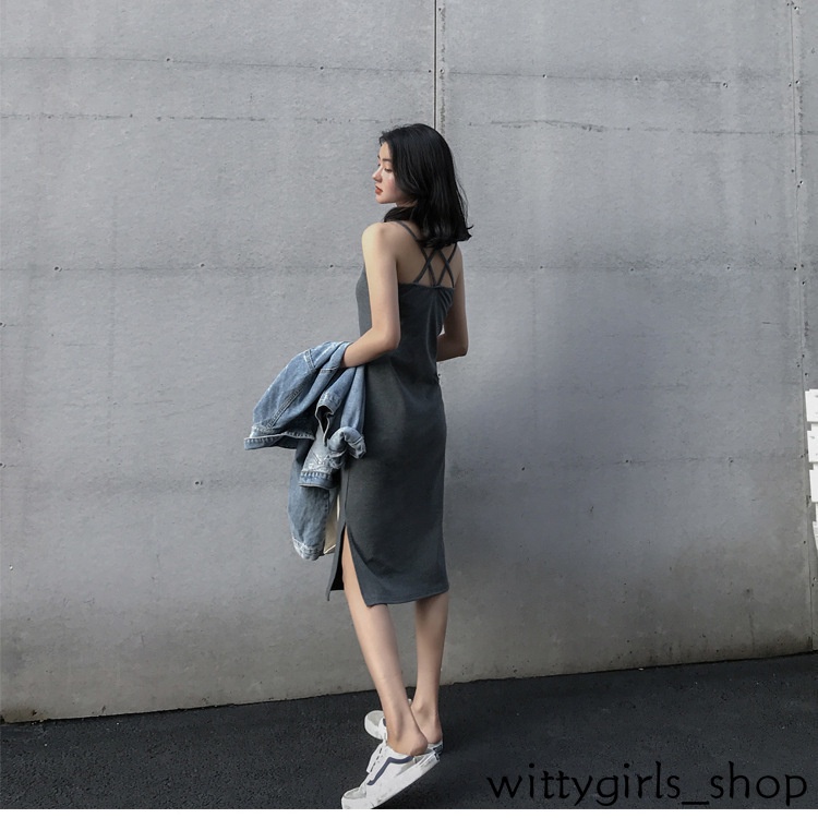Wittygirls-đầm Dài Hai Dây Xẻ Tà Bên Ngoài Cửa Hàng_Mid Thời Trang Mùa Hè Cho Nữ