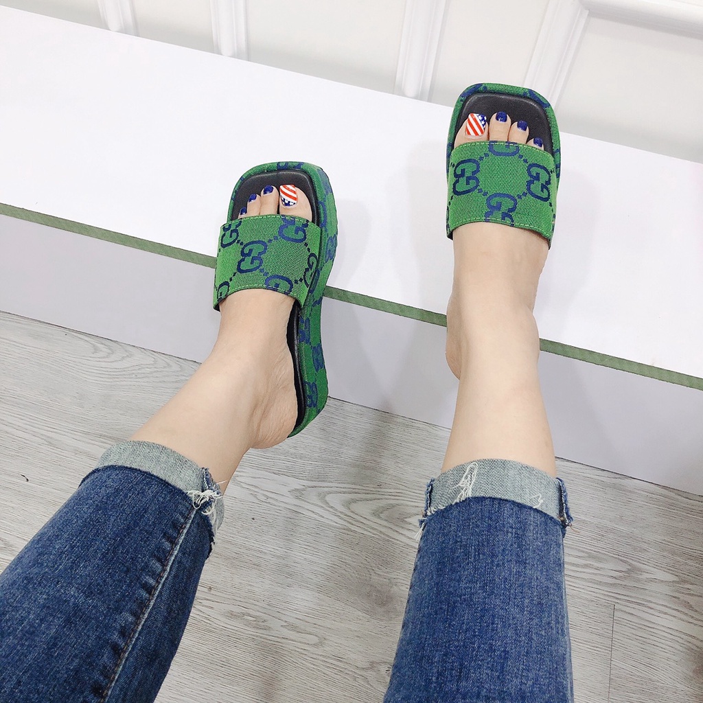 Dép Xuồng Đế Bánh Mì 5p Chất Bọc Canvas GG Form Chuẩn Size Lên Cực Xinh - 2 Màu Xanh Kem ChichanhStore