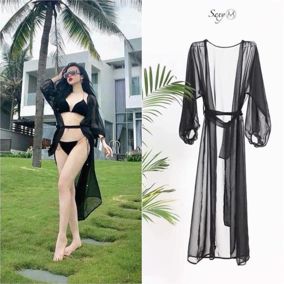 Áo Khoác Kimono Đi Biển Dáng Dài Hai Màu, Áo Choàng Bikini Voan Tay Kiểu [Ảnh Chụp Thật] - OK009 ་