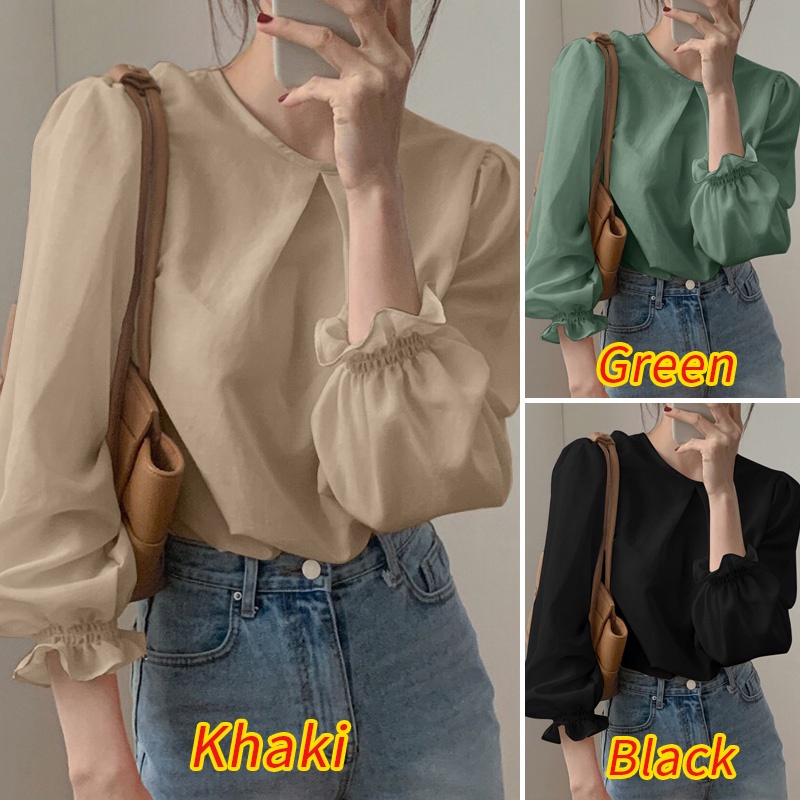 Áo ZANZEA tay dài cổ tròn màu trơn phong cách Hàn Quốc thường ngày dễ phối đồ cho nữ