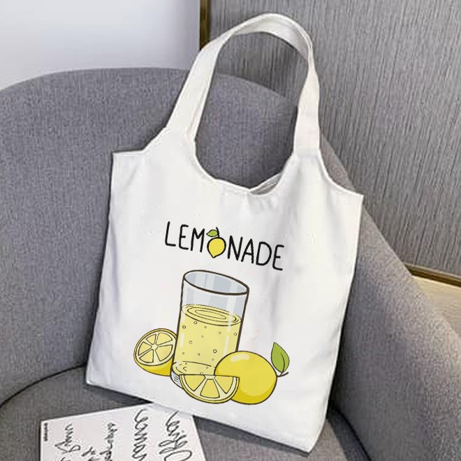 Túi Tote Vải Canvas Hình Nước Chanh Phong Cách Ulzzang (Có Khóa Kéo)