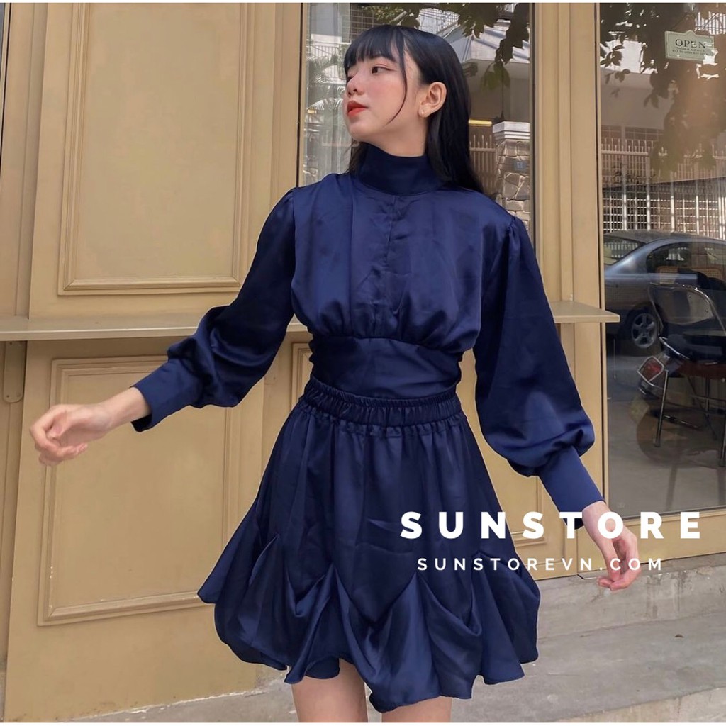 Set đồ nữ đi chơi áo tay dài khoét lưng và chân váy xòe 2 màu Oly set