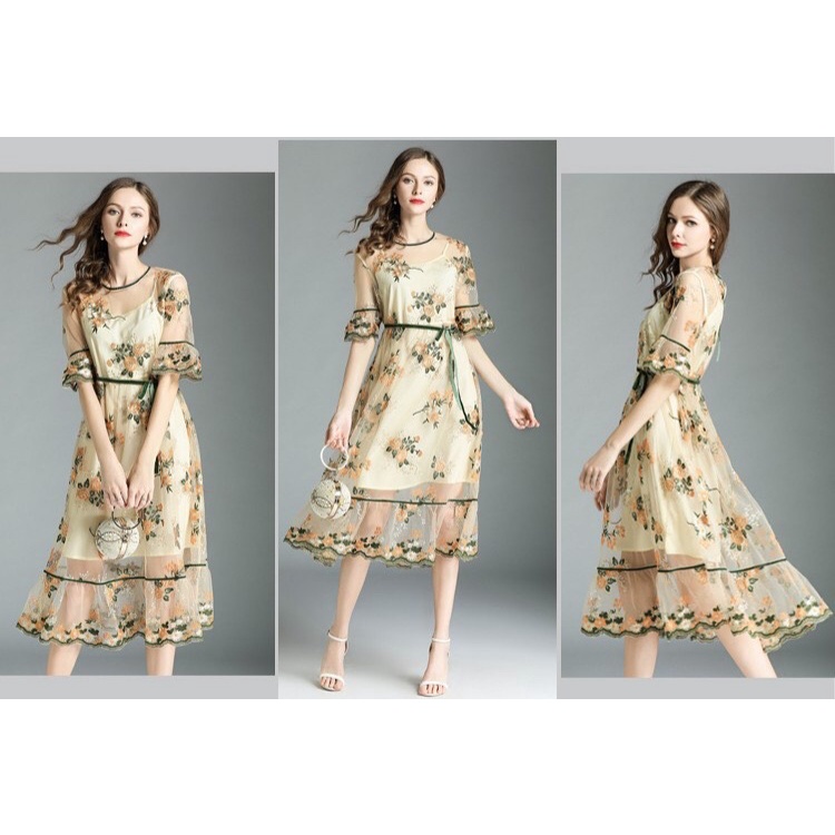 Đầm Voan 2 Lớp Thêu Họa Tiết  3D Tay Loe Cao Cấp