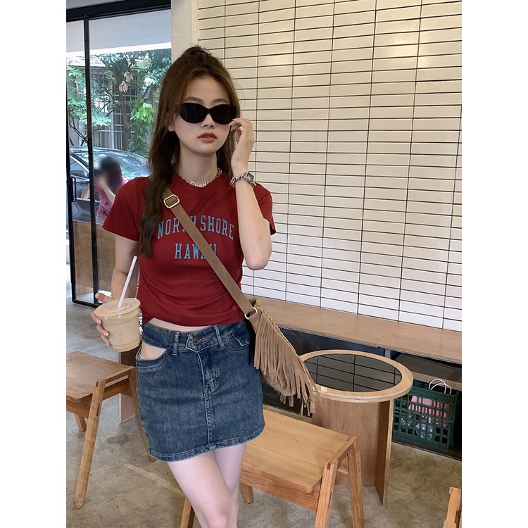 Áo Thun Ngắn Tay Cổ Tròn In Chữ Phong Cách retro Mỹ Cho Nữ