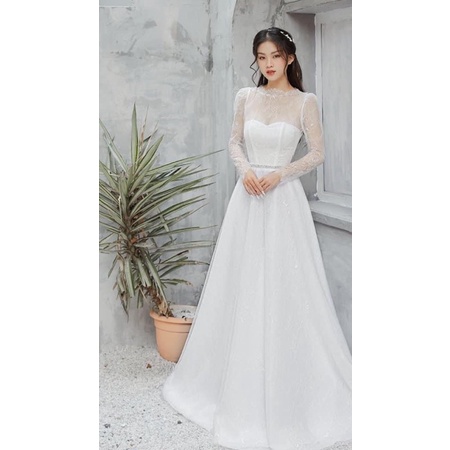 váy cưới tay dài thân croset dựng gọng định hình