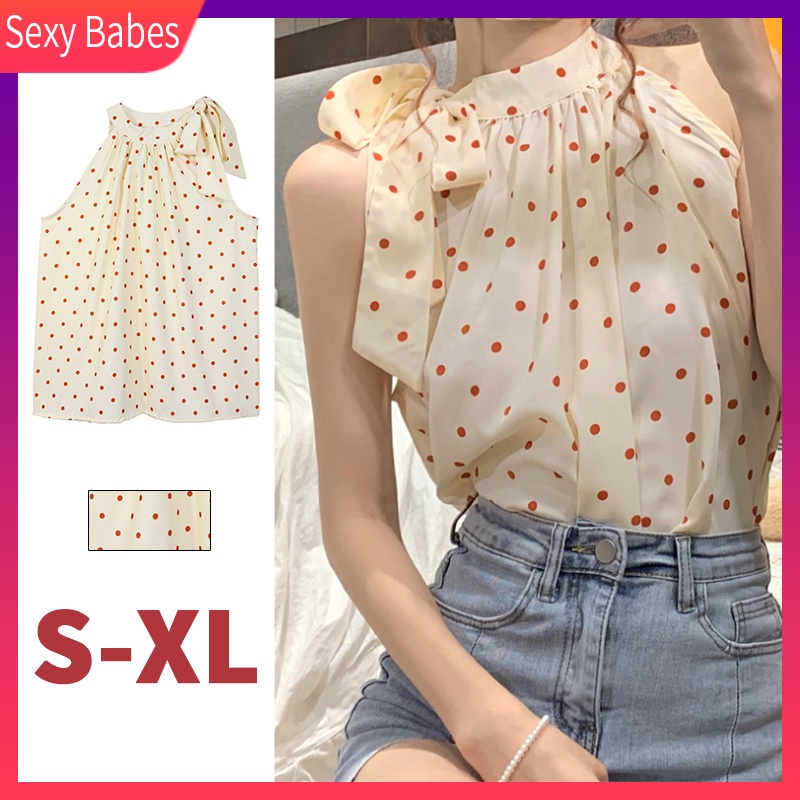 Áo Chiffon Sát Nách Cổ Yếm Họa Tiết Chấm Bi Phong Cách Retro Thời Trang Hàn Quốc