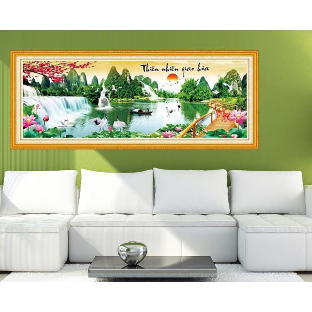 Tranh Thêu Chữ Thập PHONG CẢNH THIÊN NHIÊN GIAO HÒA. Kích Thước: 1m47 x 61cm