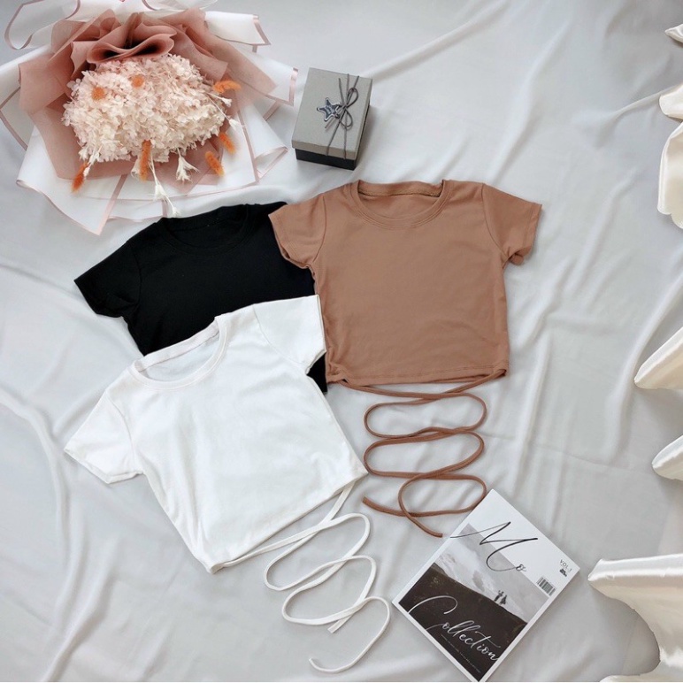 Áo croptop buộc bụng tay ngắn, cột dây eo tay ngắn