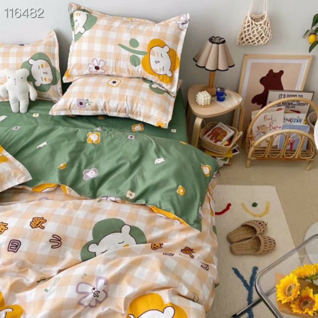 Bộ Chăn Ga Gối Gấu Con Ngủ Gật Cotton Poly