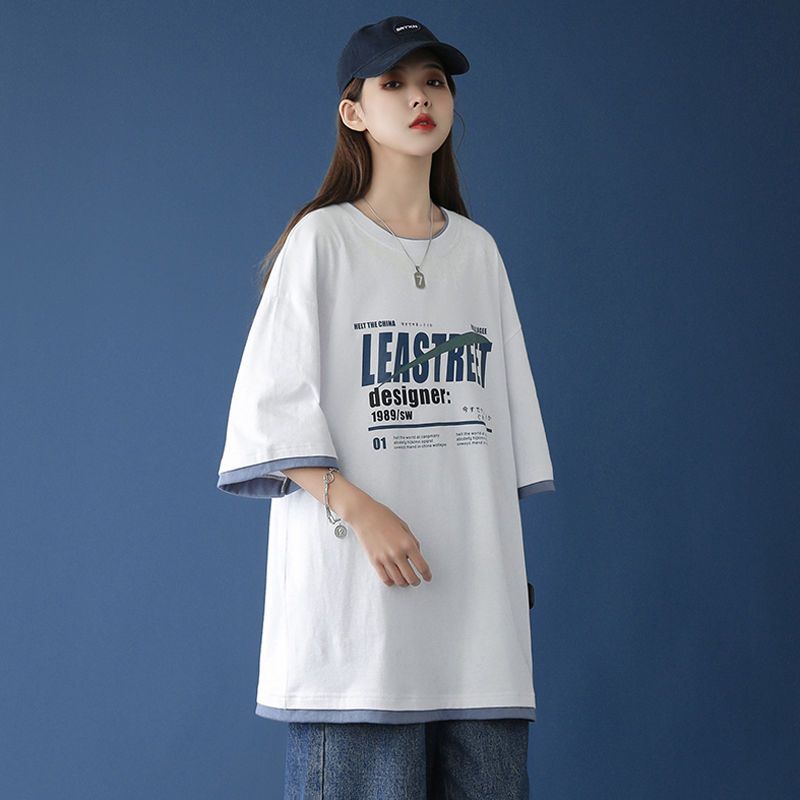 AMOI Áo Thun Ngắn Tay Cổ Tròn Giả Hai Lớp Thời Trang Cho Nữ