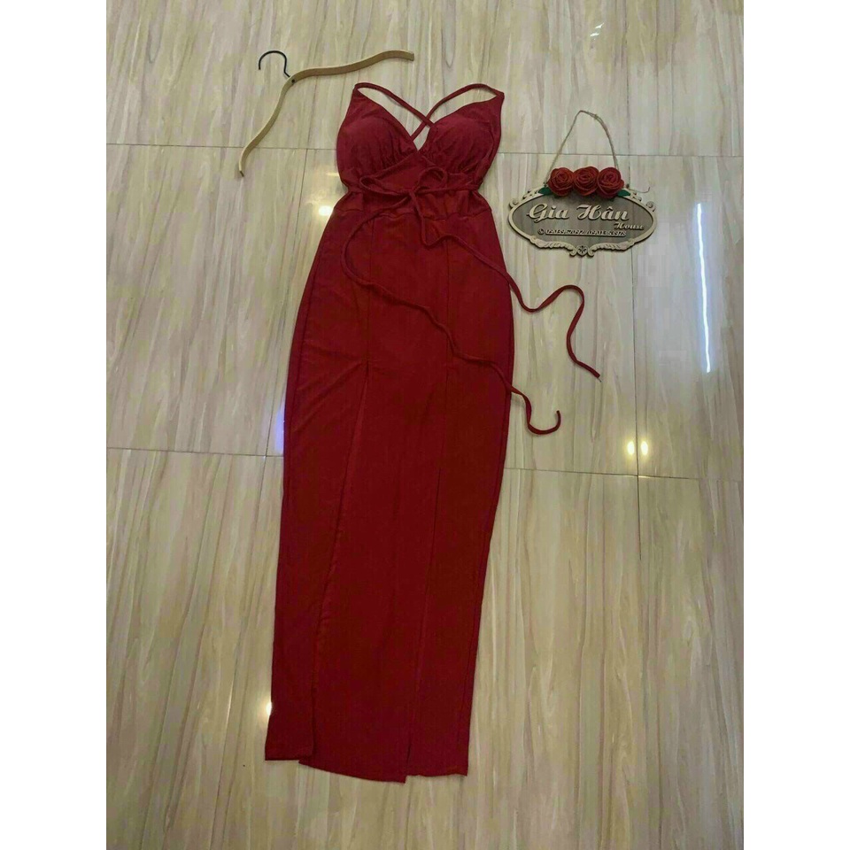 Đầm body cổ tim xẻ đùi sexy đan chéo lưng