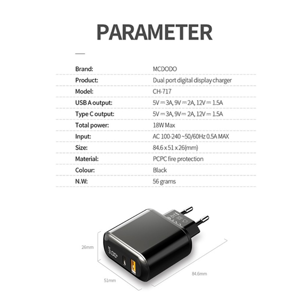 Cốc sạc nhanh MCDODO 2 cổng USB QC 3.0 và Type-C PD 20W Tiện Dụng Chất Lượng Cao