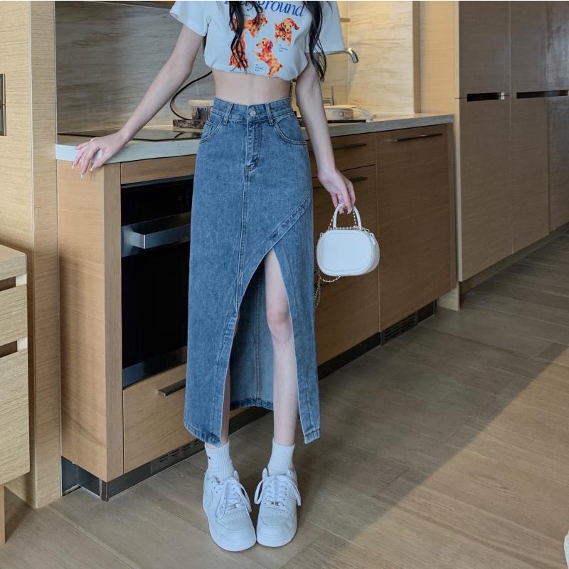 Chân váy cạp cao dài qua gối, chân váy midi jean/ kaki phong cách_A19
