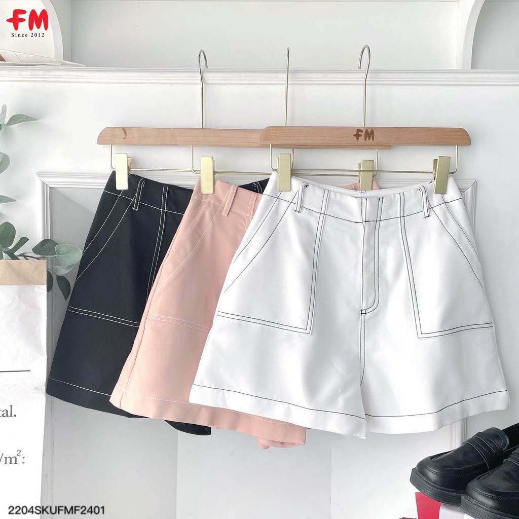 Quần short nữ FM Style  chất  kaki lưng cao ống rộng chỉ nổi phối 2 túi 204240023