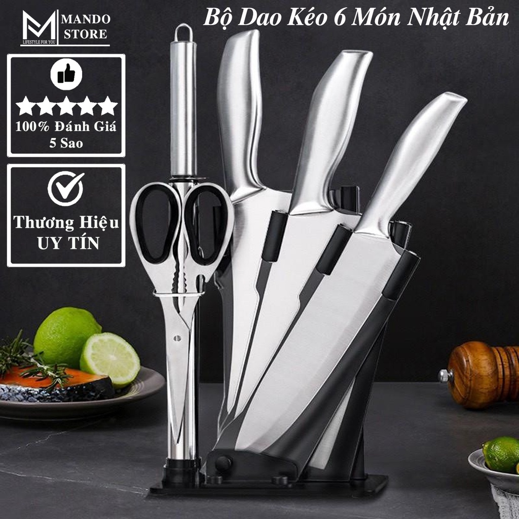 Bộ Dao Kéo Nhật Inox 5 Món Đúc Nguyên Khối Cao Cấp Sử Dụng Cho Nhà Bếp, Kháng Khuẩn Cực Tốt – Tặng Kèm Bộ Để Dao Thớt