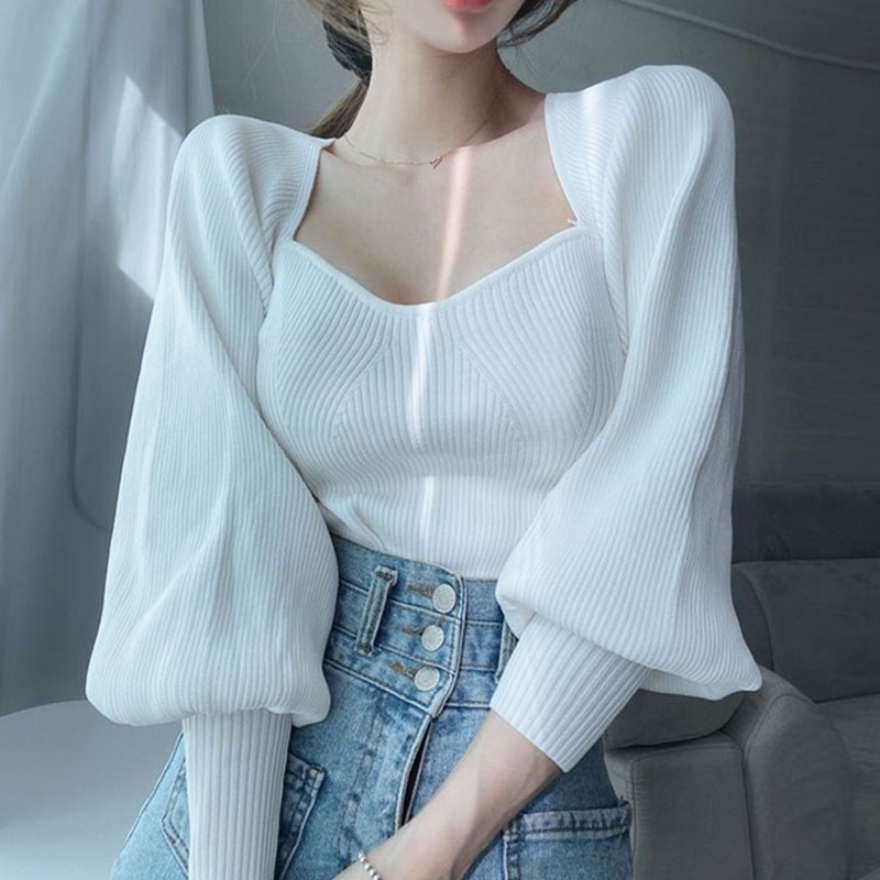 ZHELIHANGFEI Áo Dệt Kim Tay Phồng Cổ Vuông Lưng Cao Thời Trang Sang Trọng Cho Nữ