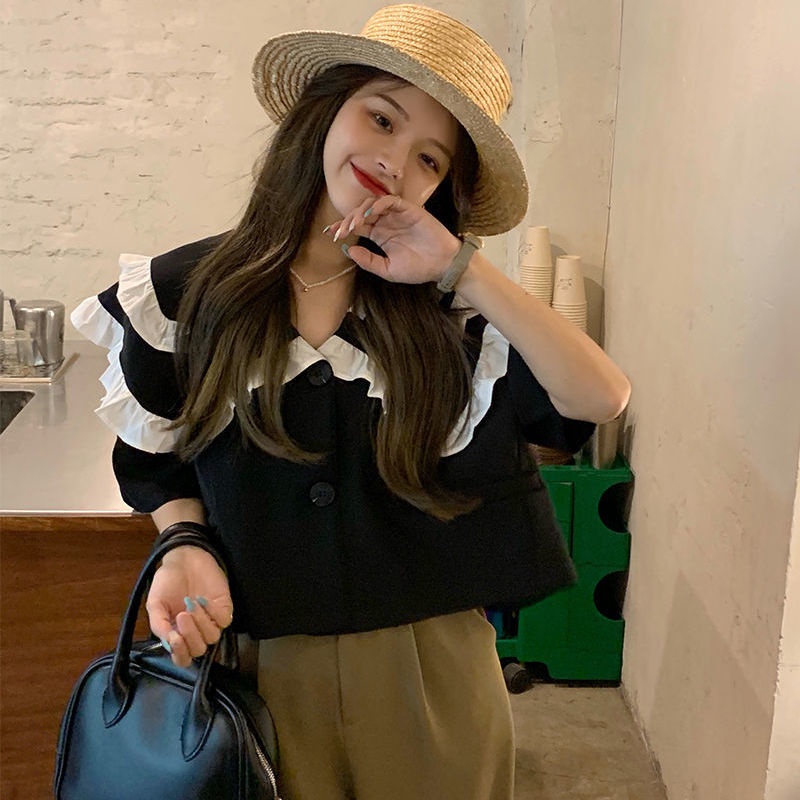 Áo sơ mi tay ngắn cổ búp bê dáng rộng thiết kế mới thời trang cho nữ