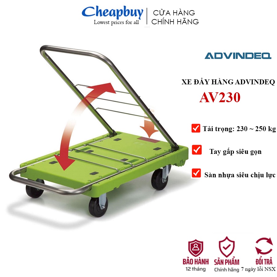 Xe đẩy hàng 4 bánh siêu gấp gọn sàn nhựa Đài Loan ADVINDEQ AV230 chở 230kg chính hãng bảo hành 12 tháng